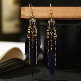 Creative Retro Tassel Feather Earrings Women's Long Oil Dripping (Option: Navy Blue)