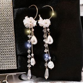 Flower Long Earrings Wild Red Rose Flower Long Rhinestone Tassel Earrings Earrings (Option: White flowers-1 pair)