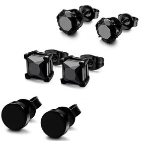 Punk Square Black Zircon Stud Earrings Set 6mm (Option: Set 3Pair)