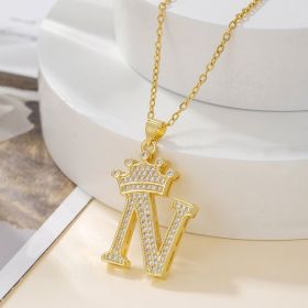 1PCS Fashionable Gold Diamond Crown Uppercase Letter Popular Pendant Necklace Suitable For Daily Use Festivals Parties Gifts Jewelry Set (Option: Gold-N)