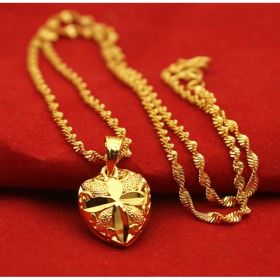 Gold-plated Brass Pendant Necklace For Women, Water Wave Textured Collarbone Chain (Option: Doublesided heart necklace)