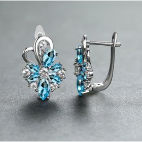 Rose Ring Colorful Flower Drop-shaped Zircon Earrings (Option: Platinum Blue)