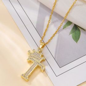 1PCS Fashionable Gold Diamond Crown Uppercase Letter Popular Pendant Necklace Suitable For Daily Use Festivals Parties Gifts Jewelry Set (Option: Gold-T)