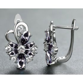 Rose Ring Colorful Flower Drop-shaped Zircon Earrings (Option: Platinum Purple Diamond)