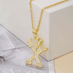 1PCS Fashionable Gold Diamond Crown Uppercase Letter Popular Pendant Necklace Suitable For Daily Use Festivals Parties Gifts Jewelry Set (Option: Gold-X)