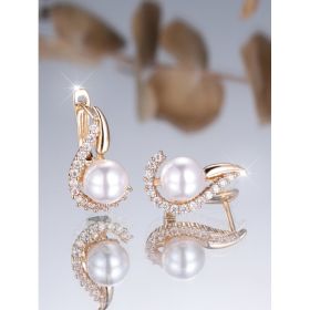 Champagne Gold Pearl-Inlaid Round White Diamond Earrings For Women (Option: Pearl Ear Clip)