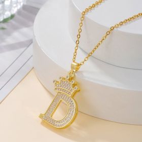 1PCS Fashionable Gold Diamond Crown Uppercase Letter Popular Pendant Necklace Suitable For Daily Use Festivals Parties Gifts Jewelry Set (Option: Gold-D)