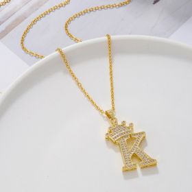 1PCS Fashionable Gold Diamond Crown Uppercase Letter Popular Pendant Necklace Suitable For Daily Use Festivals Parties Gifts Jewelry Set (Option: Gold-K)