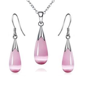 Emma Manor 14k White Gold Plated Water Drop Moonstone Women Jewelry Set --Pendant Necklace And Earrings (Option: Pink)