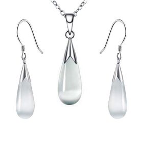 Emma Manor 14k White Gold Plated Water Drop Moonstone Women Jewelry Set --Pendant Necklace And Earrings (Option: White)