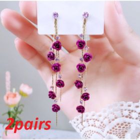 Flower Long Earrings Wild Red Rose Flower Long Rhinestone Tassel Earrings Earrings (Option: Purple Rose-2 pair)