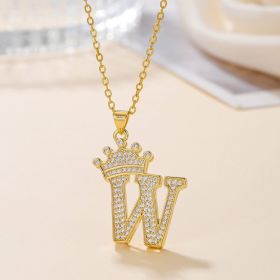 1PCS Fashionable Gold Diamond Crown Uppercase Letter Popular Pendant Necklace Suitable For Daily Use Festivals Parties Gifts Jewelry Set (Option: Gold-W)