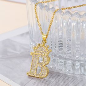 1PCS Fashionable Gold Diamond Crown Uppercase Letter Popular Pendant Necklace Suitable For Daily Use Festivals Parties Gifts Jewelry Set (Option: Gold-B)