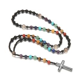 Fashionable Colorful Natural Stone Cross Rosary Necklace (Option: Color)